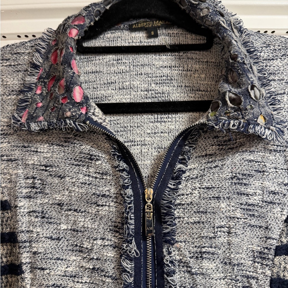 Alberto Makali  Navy Tweed Cardigan With Ruffle - Picture 3 of 6